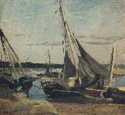 camille corot Trouville Fishing Boats Stranded in the Channel (mk40) oil painting picture wholesale
